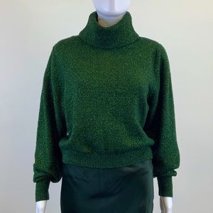 MANGO/MNG Wool Green Metallic Tread Cowl Neck/Balloon Puff Sleeve Sweater
